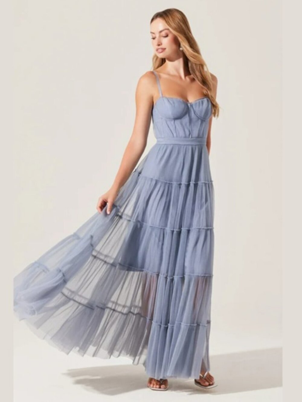 ASTR The Label Dusty Blue Mireya Bustier Tulle Maxi Dress Sz S
